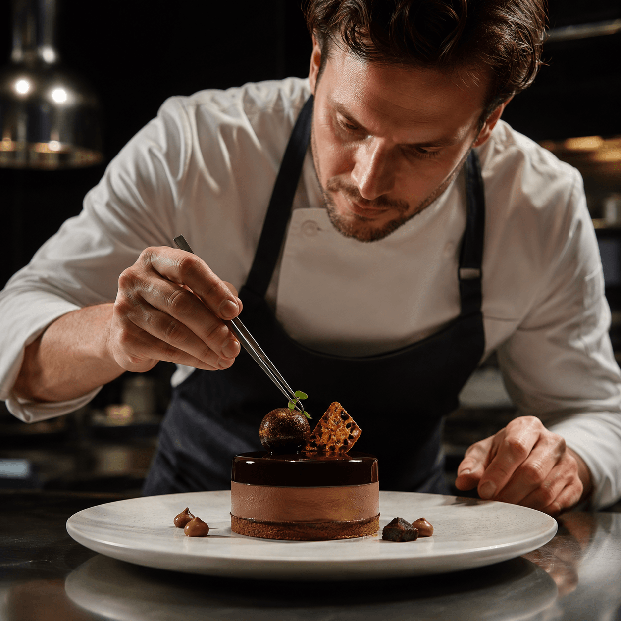 Chef plating a dish in a professional kitchen